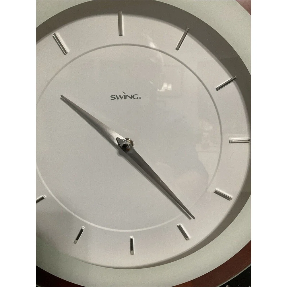 Swing Wall Clock Echo Walnut MCM Style Wood Frame.EUC